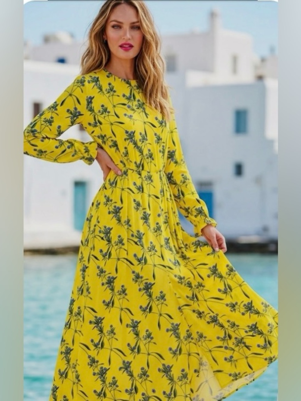 Floral Long Sleeve Midi Dress - Yellow
